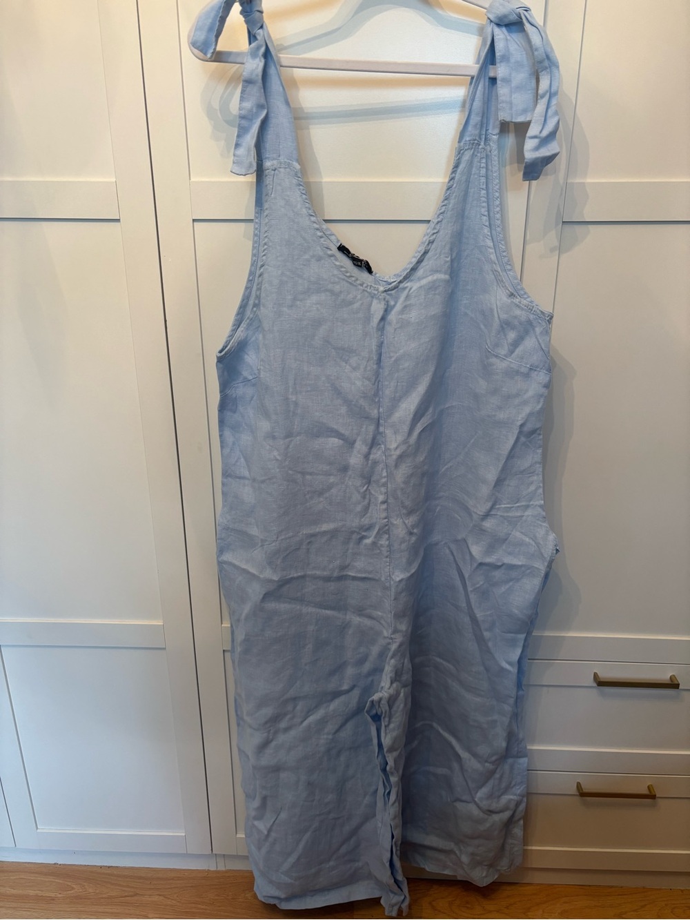 Light Blue One-Piece Linen Jumpsuit with Tie Straps